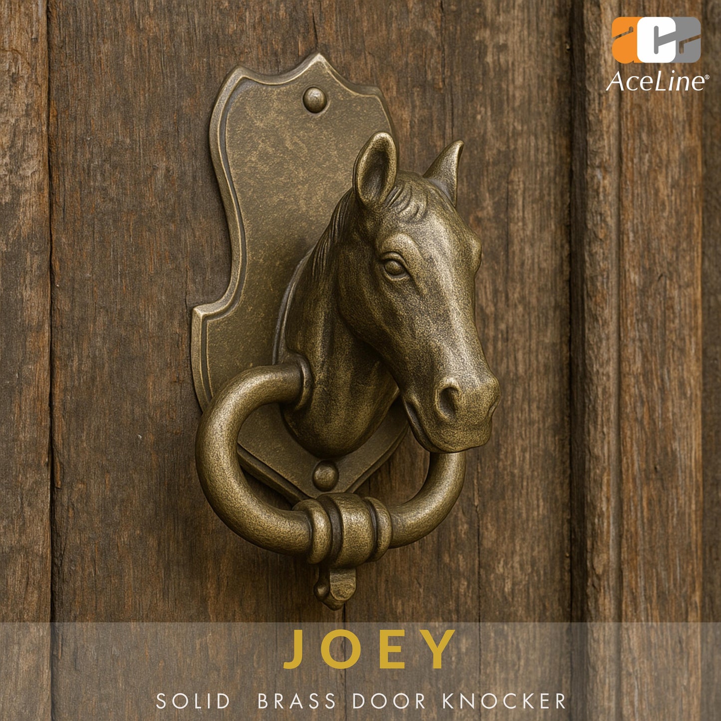 AceLine solid brass door knocker in the shape of a horse's head, with a textured background and a logo in the top right corner.