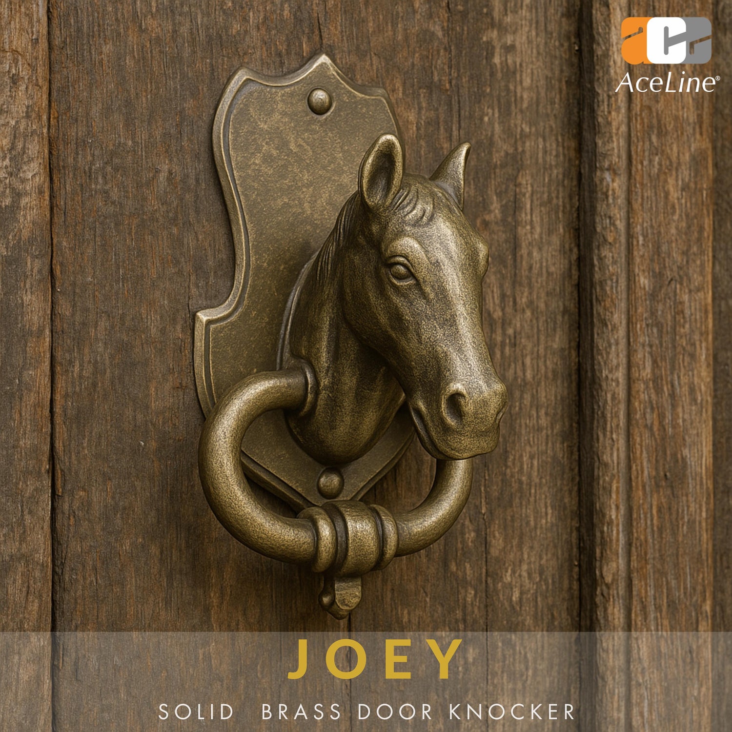 AceLine solid brass door knocker in the shape of a horse's head, with a textured background and a logo in the top right corner.