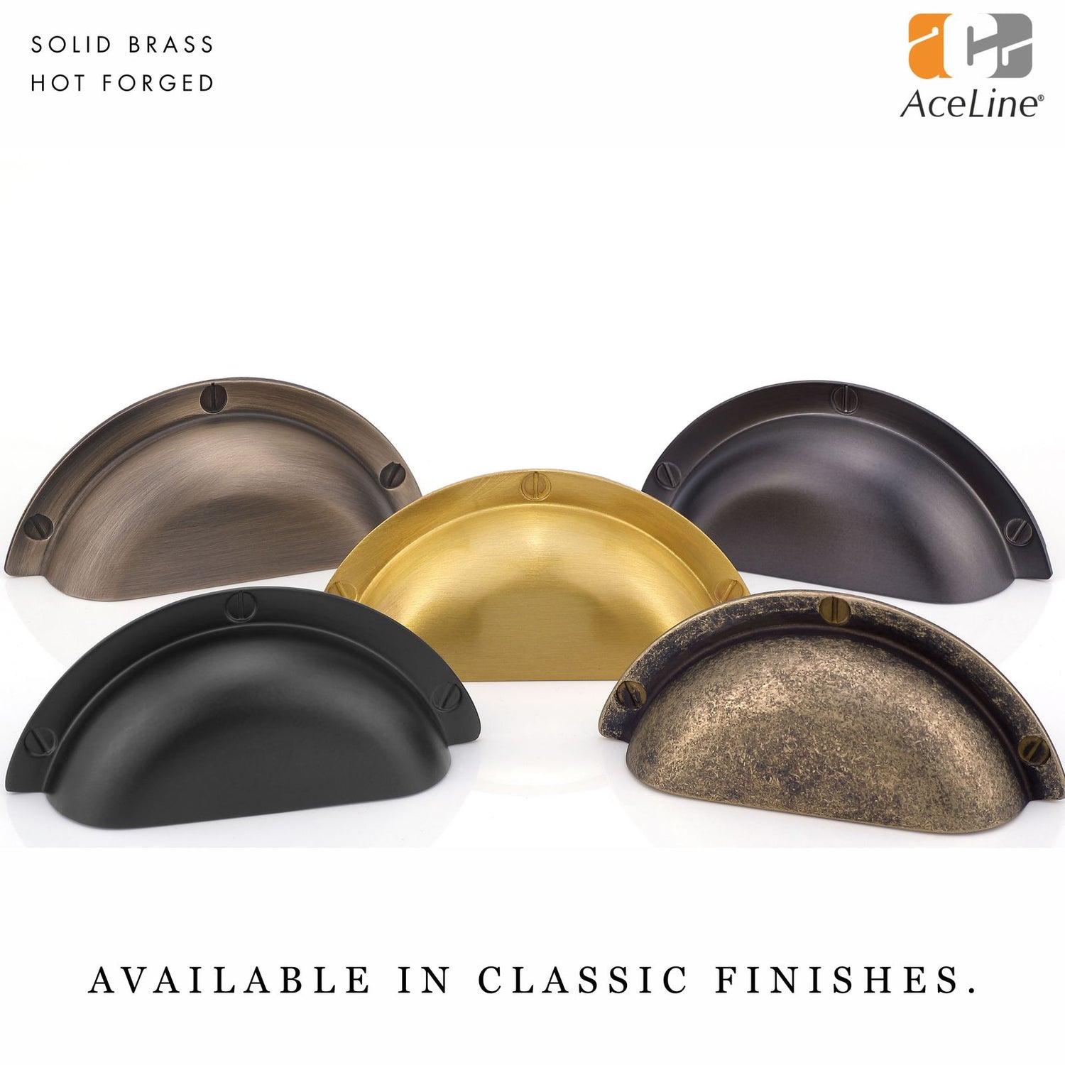 Solid brass cabinet bin pull handles in different finishes on a white background, with AceLine branding.