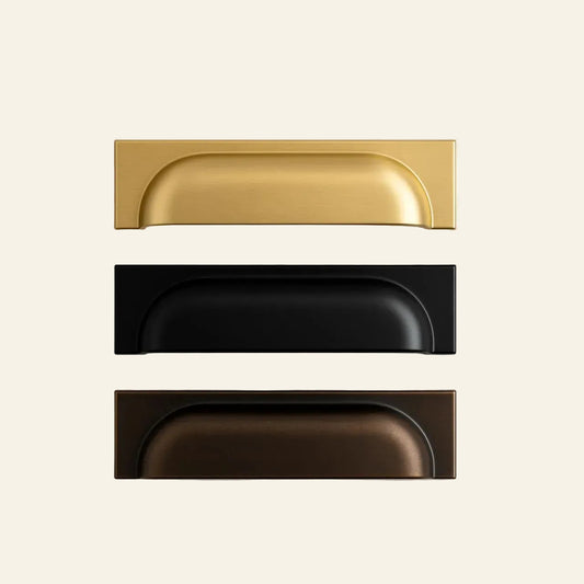 Three cabinet handles in different finishes on a light background with AceLine logo.
