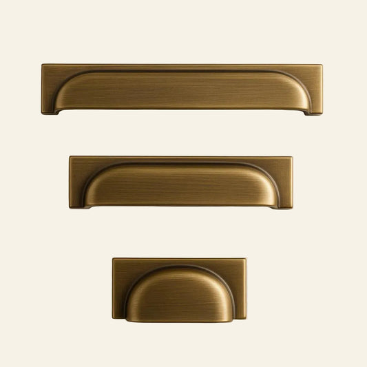 Three sizes of bronze cabinet handles with AceLine branding on a beige background