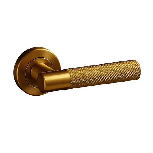 Gold door handle on a wooden door with 'AceLine' branding