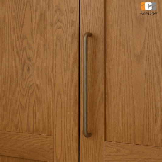 Wooden cabinet door with a brass cabinet handle, featuring the AceLine logo.