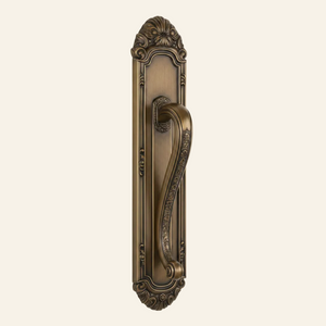 AceLine Antique brass door pull handle attached to a wooden door with a view of a garden and arches in the background.