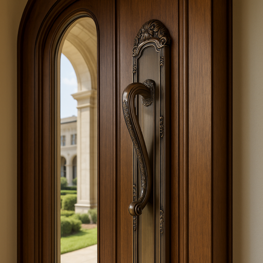 AceLine Antique brass door pull handle attached to a wooden door with a view of a garden and arches in the background.
