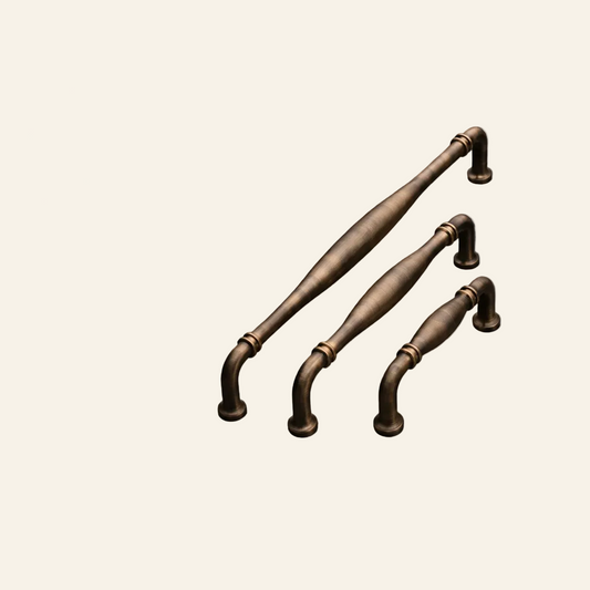 Three bronze pull handles from the Palermo collection displayed on a dark marble surface with promotional text and the AceLine brand logo.