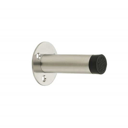 A stainless steel door silencer buffer with a brushed finish and a black rubber door stop.